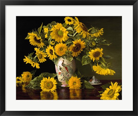 Framed Sunflowers in a Chinese Peacock Vase Print