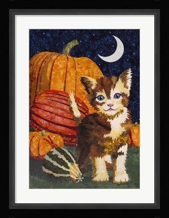 Framed Calico Kitten &amp; Pumpkins Print