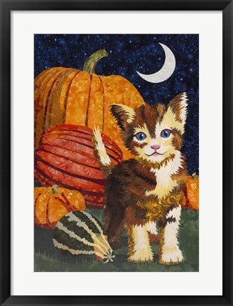 Framed Calico Kitten &amp; Pumpkins Print