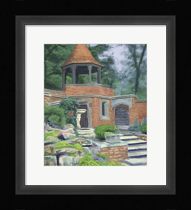 Framed Brick Building and Bird Bath Print