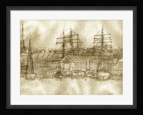 Framed Boston Harbor c. 1877 Sepia Tone Print