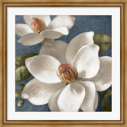 Framed Magnolias on Blue I Print