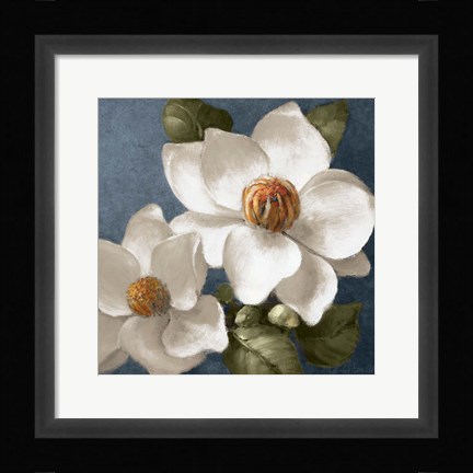 Framed Magnolias on Blue II Print