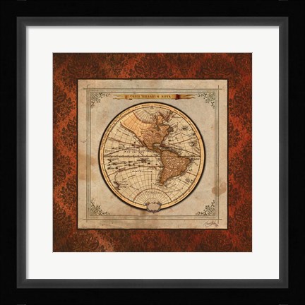 Framed Red Damask Map I Print