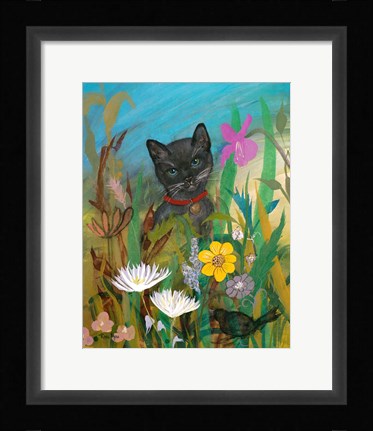 Framed Cat in the Garden Print