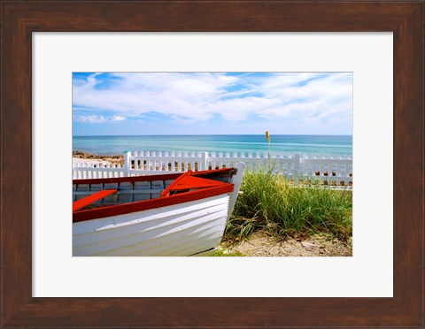 Framed Boat By The Beach Print