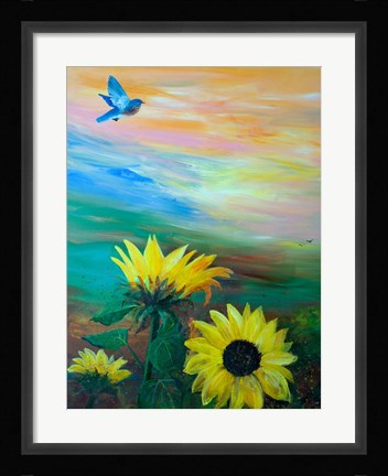 Framed BlueBird Flying Over Sunflowers Print