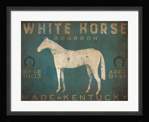 Framed White Horse with Words Blue Print