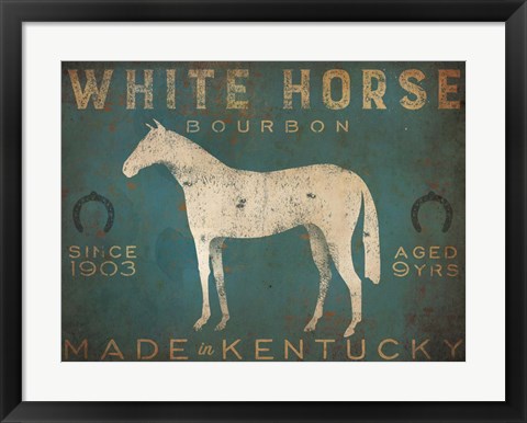 Framed White Horse with Words Blue Print