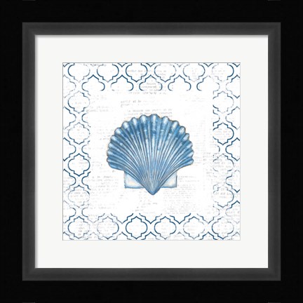Framed Navy Scallop Shell on Newsprint Print
