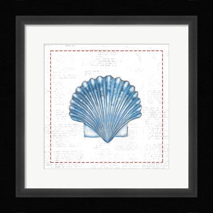 Framed Navy Scallop Shell on Newsprint with Red Print
