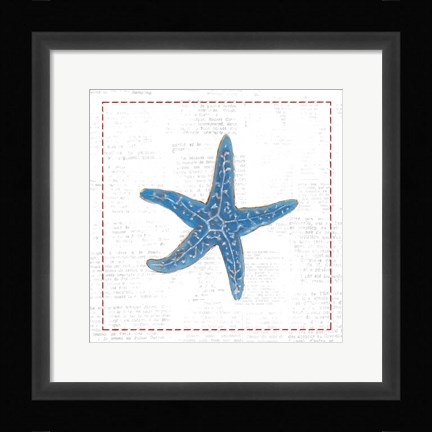 Framed Navy Starfish on Newsprint with Red Print