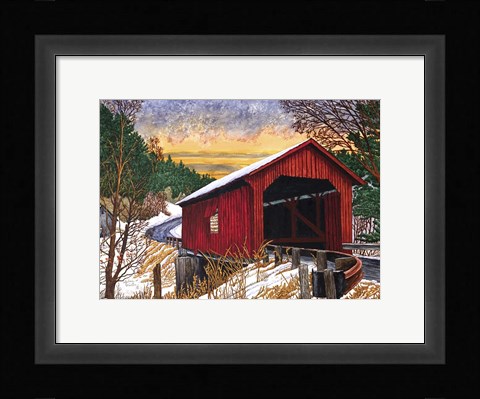 Framed Sunset At The Old Bridge, Vermont Print
