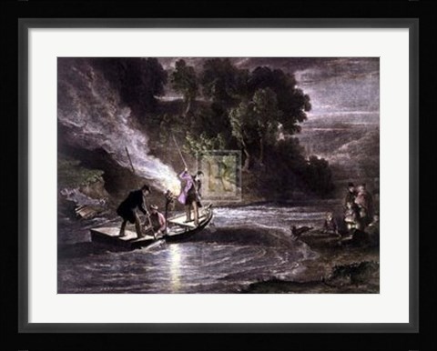 Framed Salmon Spearing By Touchlight Print