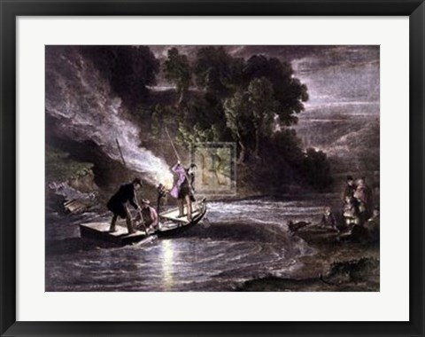 Framed Salmon Spearing By Touchlight Print