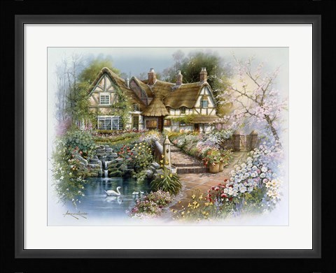 Framed Cottage Scene With Swan Print