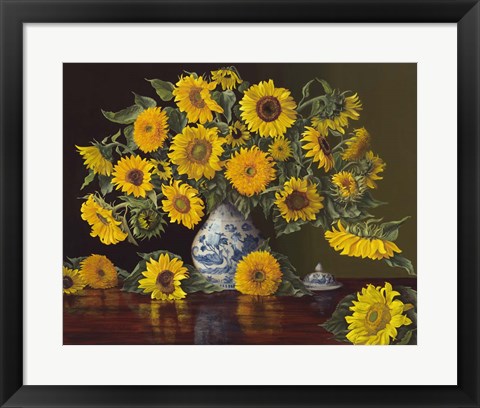 Framed Sunflowers in Blue and White Vase Print