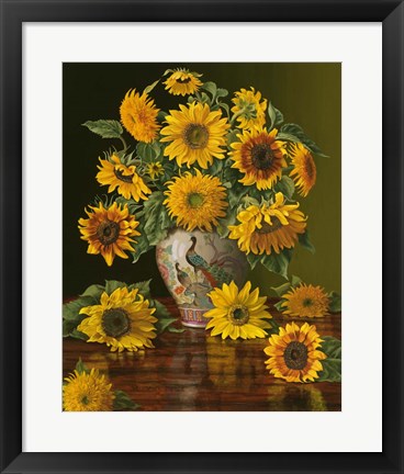 Framed Sunflowers In A Peacock Vase Print