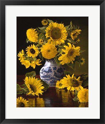 Framed Sunflowers in Blue &amp; White Chinese Vase Print