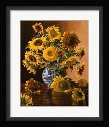 Framed Sunflowers in a Blue Willow Vase Print