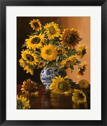Framed Sunflowers in a Blue Willow Vase Print