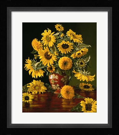 Framed Sunflowers in a Crimson Vase Print