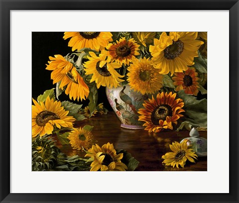 Framed Sunflowers in a White Chinese Vase Print