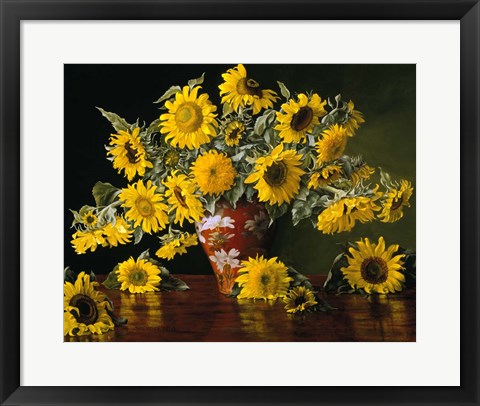 Framed Sunflower in a Red Chinese Vase Print