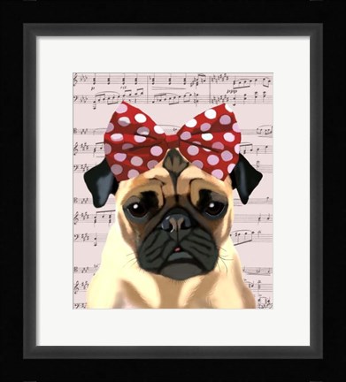 Framed Pug with Red Spotty Bow On Head Print