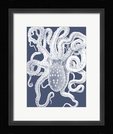 Framed White Octopus on Indigo Blue a Print
