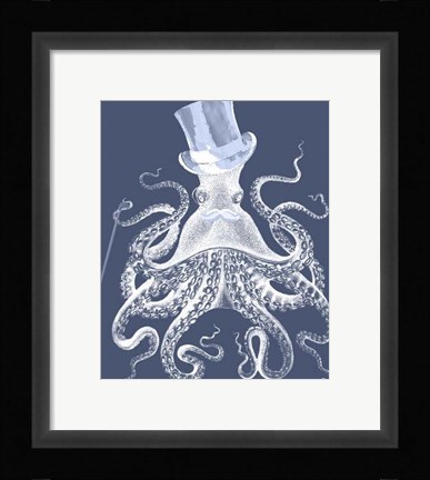 Framed White Octopus on Indigo Blue b Print