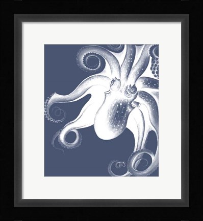 Framed White Octopus on Indigo Blue f Print
