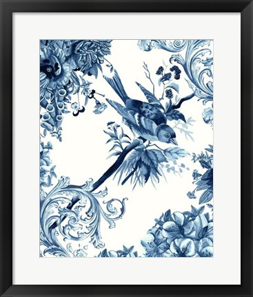 Framed Bird &amp; Branch in Indigo II Print