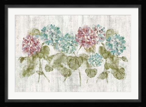 Framed Vibrant Row of Hydrangea on Wood Print