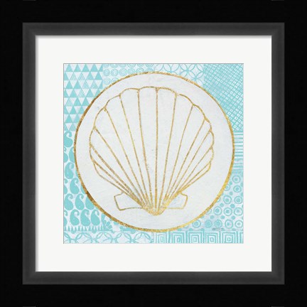 Framed Summer Shells II Teal and Gold Print
