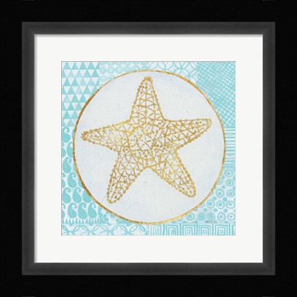 Framed Summer Shells IV Teal and Gold Print