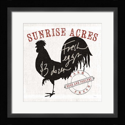 Framed Farm Linen Rooster Black Print