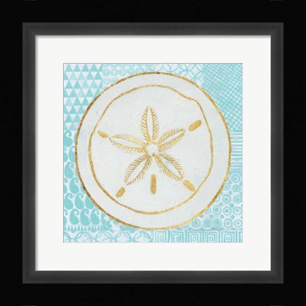 Framed Summer Shells I Teal and Gold Print