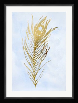 Framed Gold Foil Feather I on Blue - Metallic Foil Print