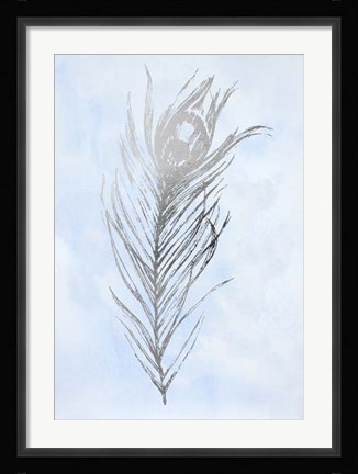 Framed Silver Foil Feather I on Blue - Metallic Foil Print