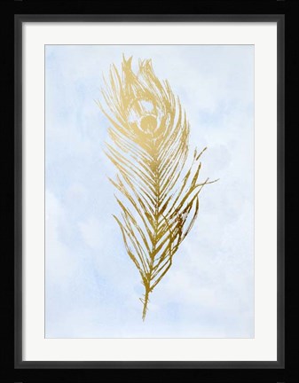 Framed Gold Foil Feather II on Blue - Metallic Foil Print
