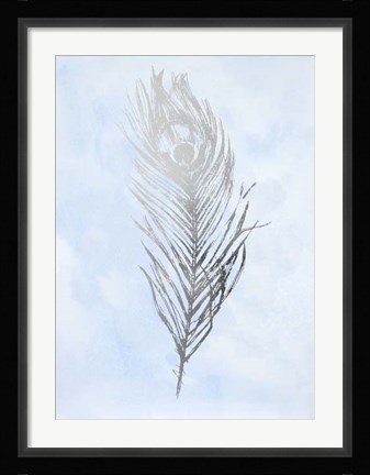Framed Silver Foil Feather II on Blue - Metallic Foil Print