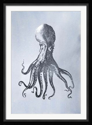 Framed Silver Foil Octopus I on Blue Wash - Metallic Foil Print