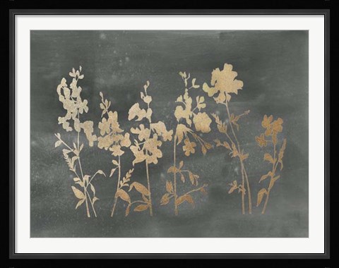 Framed Gold Foil Flower Field on Black - Metallic Foil Print