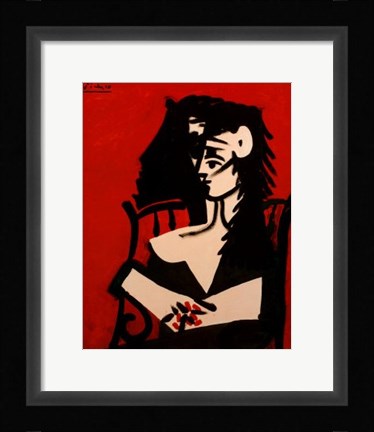 Framed Jacqueline a Mantille Sur Fond Rouge Print