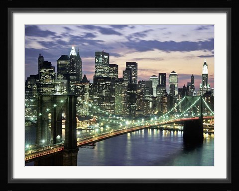 Framed Brookyn Bridge and Downtown skyline, NYC Print