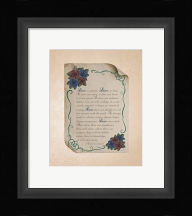 Framed Corinthians 13:4-8 Love is Patient - Rose Border Beige Print