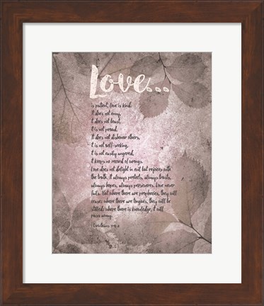 Framed Corinthians 13:4-8 Love is Patient - Grey Leaves Print