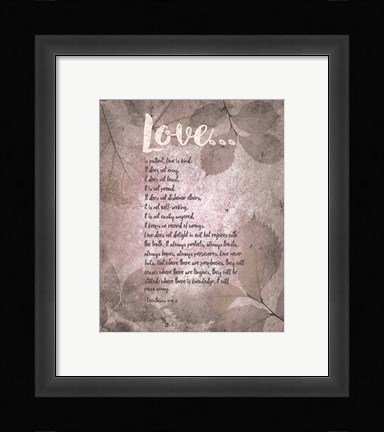 Framed Corinthians 13:4-8 Love is Patient - Grey Leaves Print