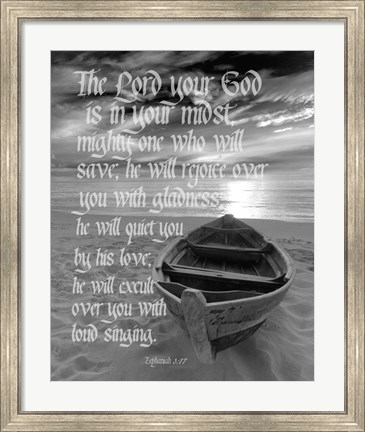 Framed Zephaniah 3:17 The Lord Your God (Beach Black &amp; White) Print